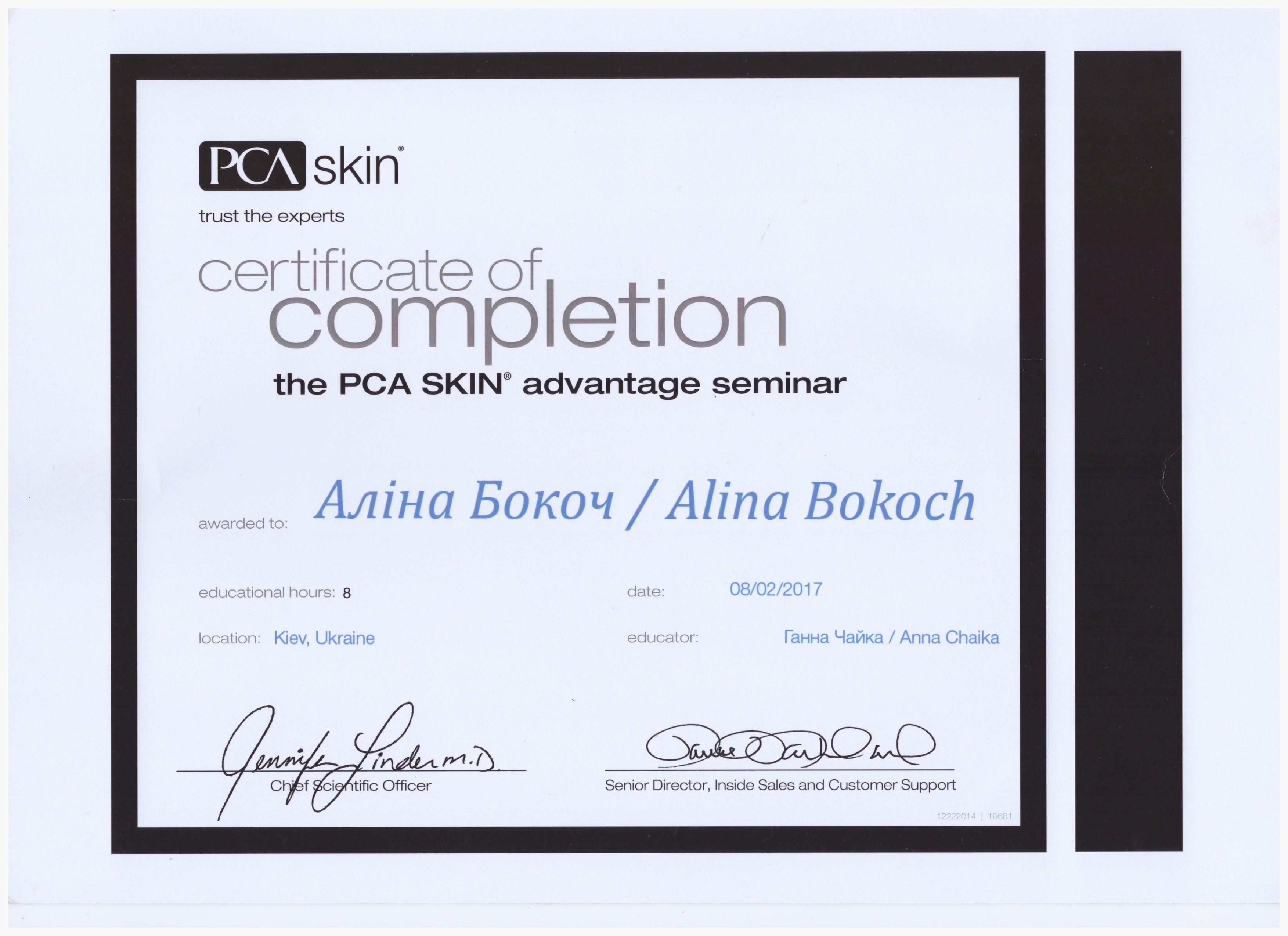 Certifikát MUDr. Alina Bokoch – Estetická klinika Praha