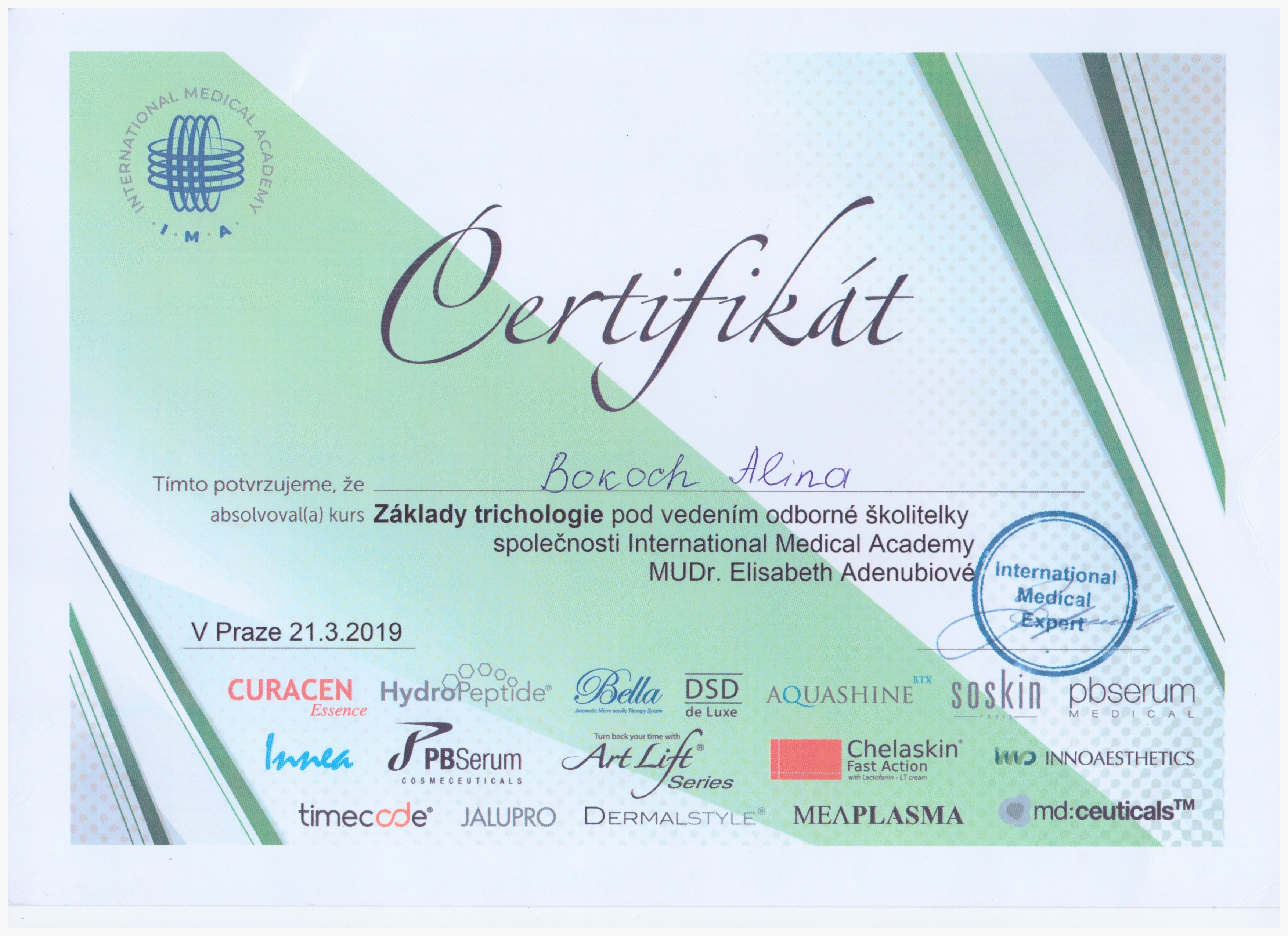 Certifikát MUDr. Alina Bokoch – Estetická klinika Praha