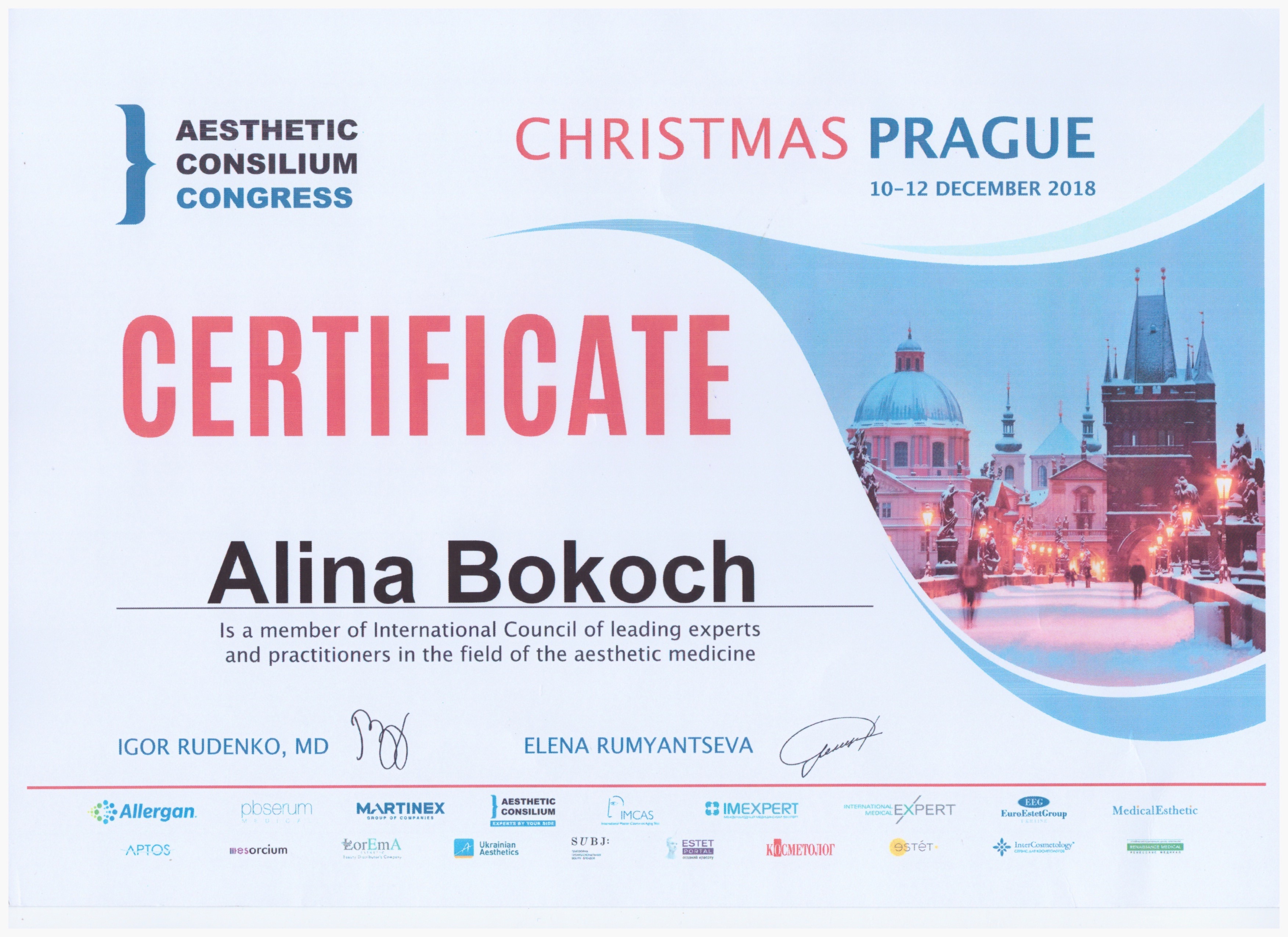 Certifikát MUDr. Alina Bokoch – Estetická klinika Praha