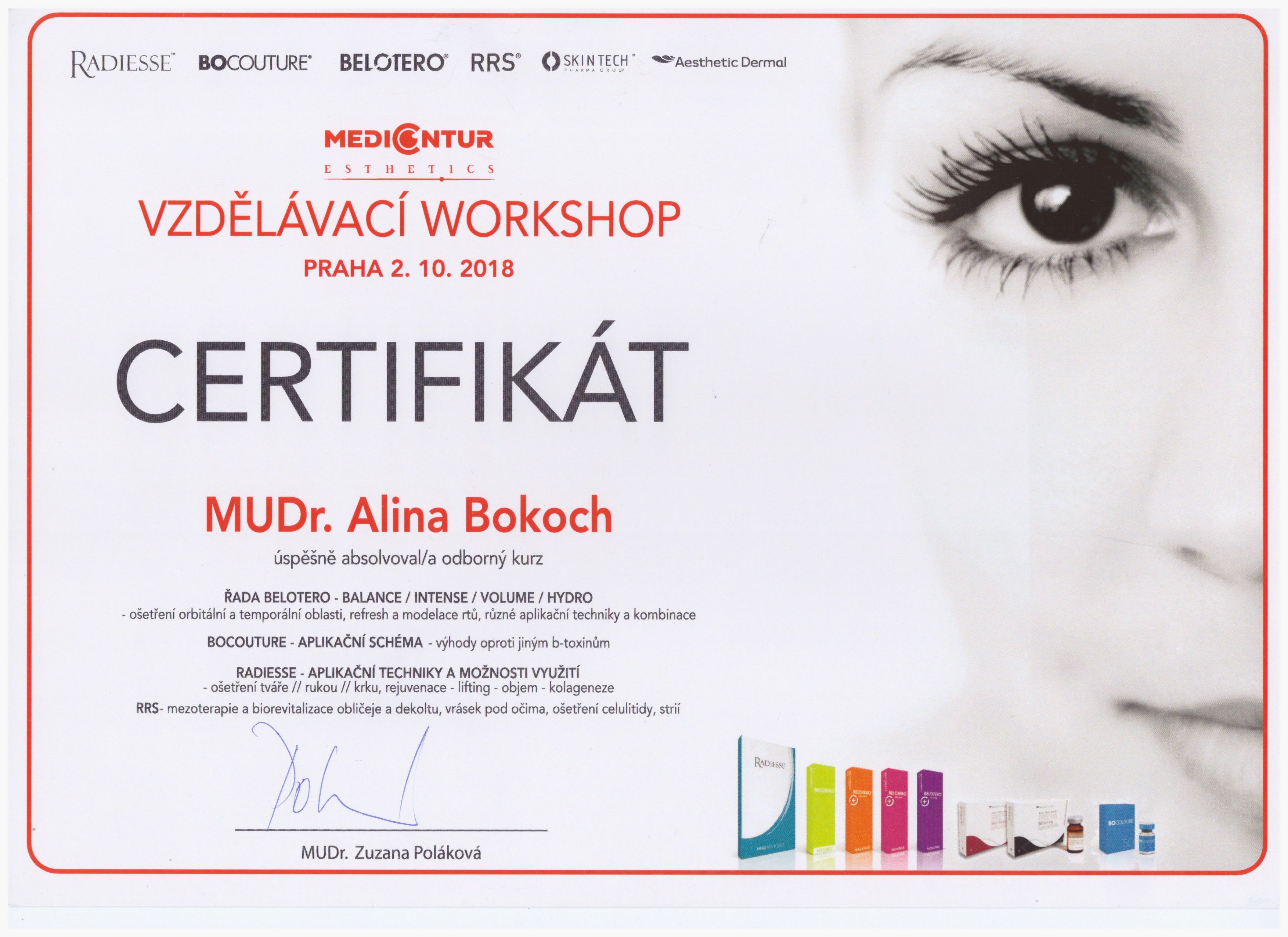 Certifikát MUDr. Alina Bokoch – Estetická klinika Praha
