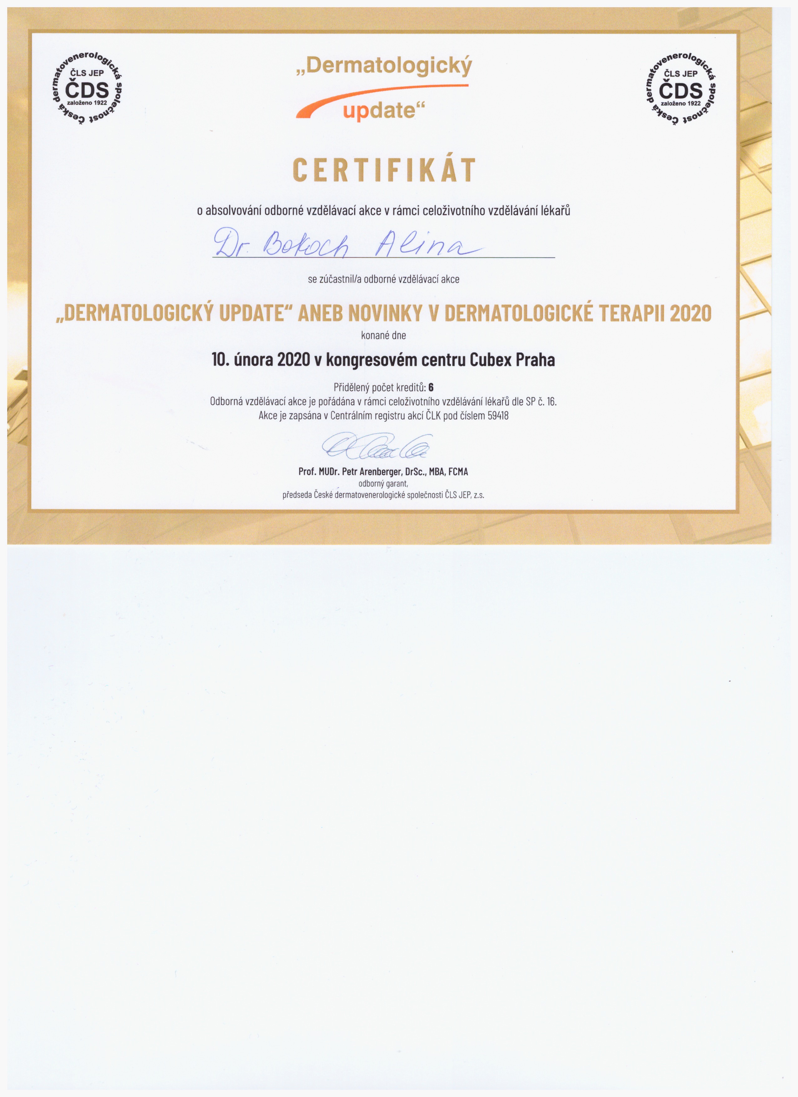 Certifikát MUDr. Alina Bokoch – Estetická klinika Praha