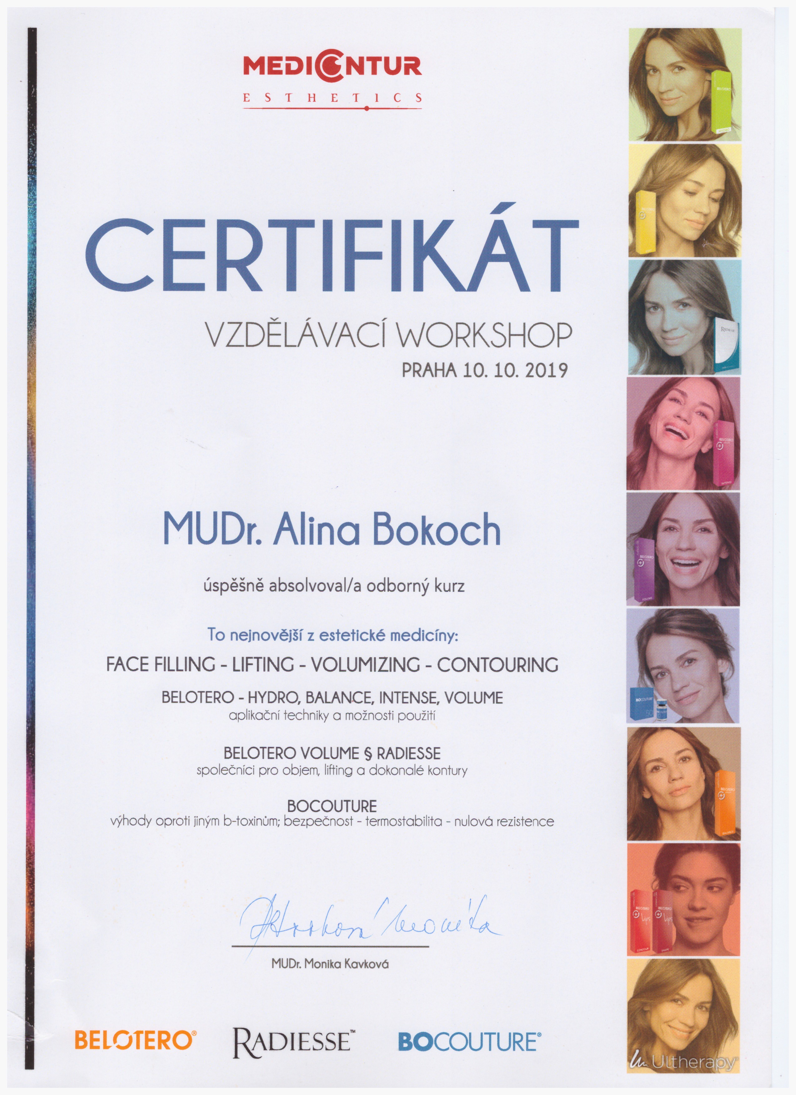 Certifikát MUDr. Alina Bokoch – Estetická klinika Praha