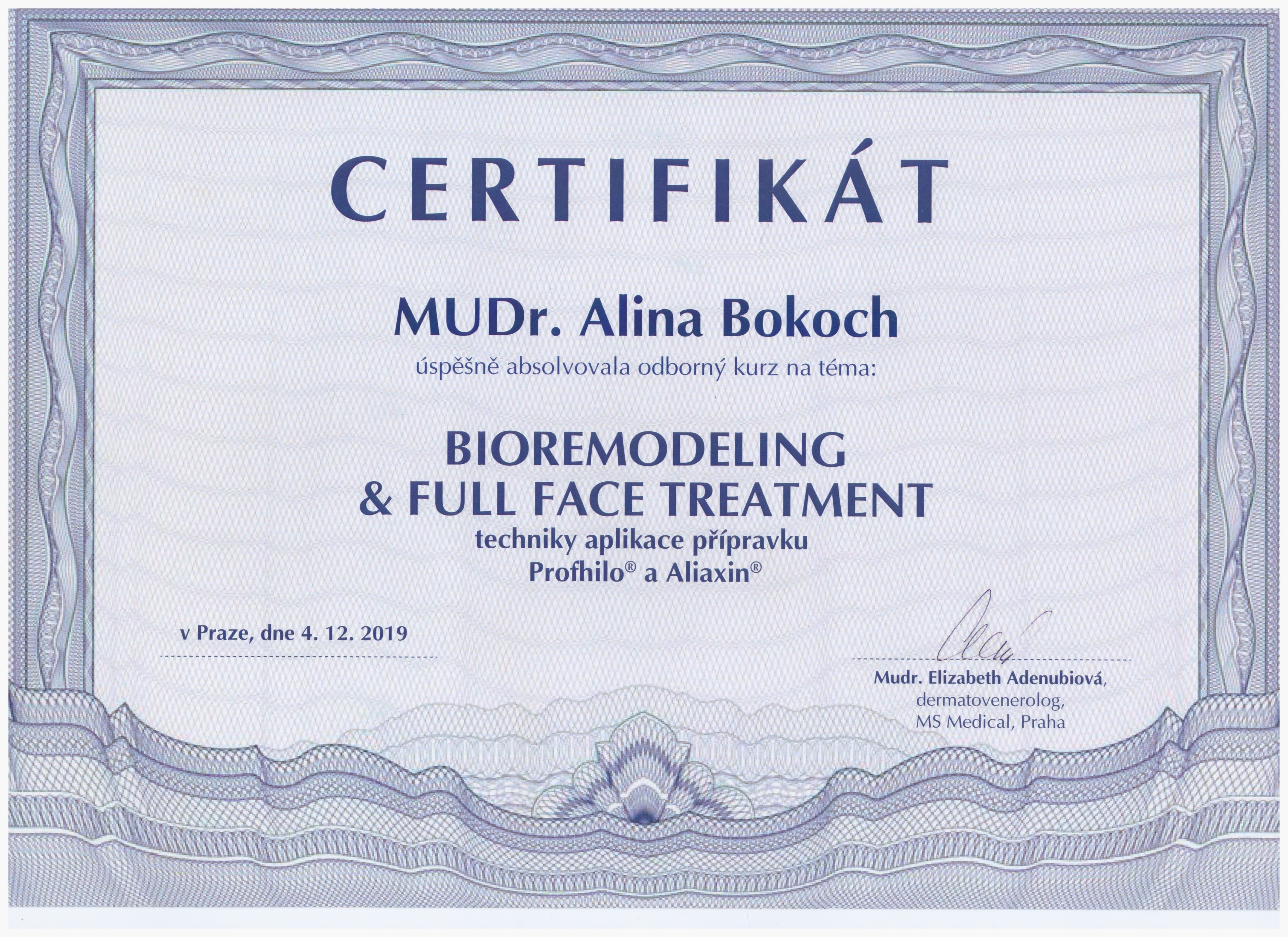 Certifikát MUDr. Alina Bokoch – Estetická klinika Praha
