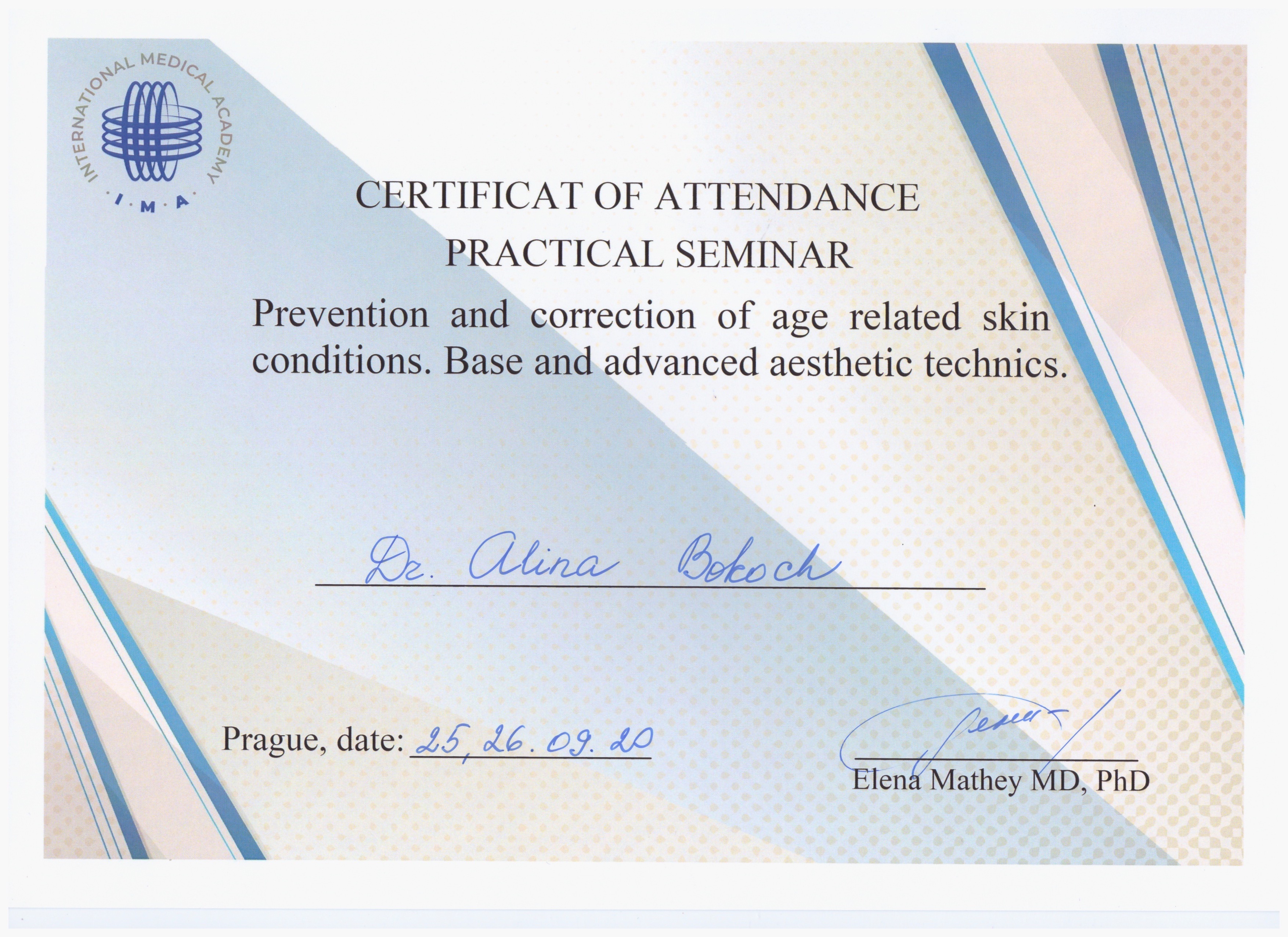 Certifikát MUDr. Alina Bokoch – Estetická klinika Praha