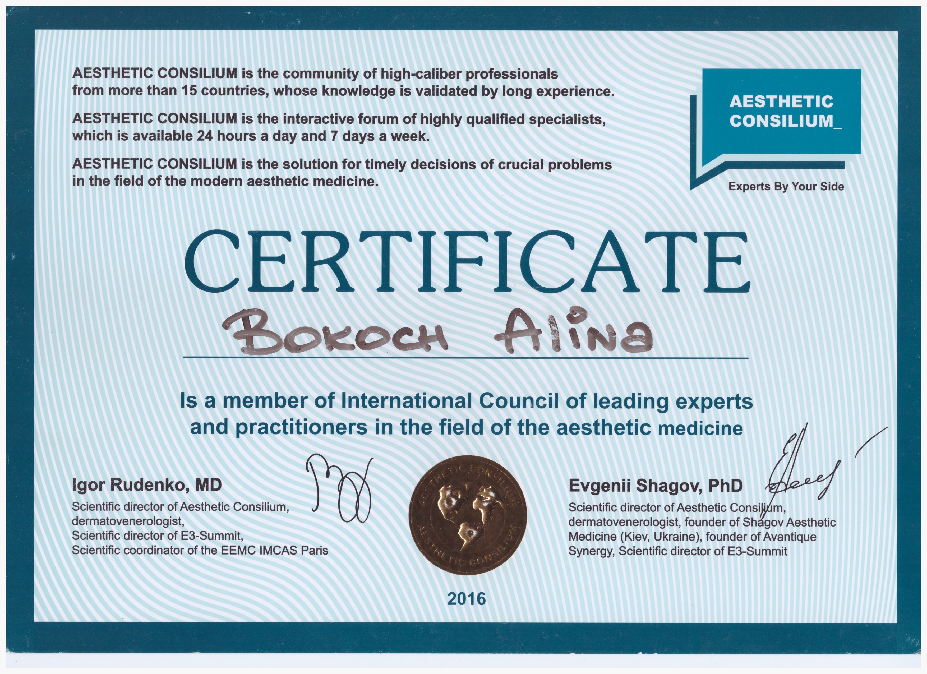 Certifikát MUDr. Alina Bokoch – Estetická klinika Praha