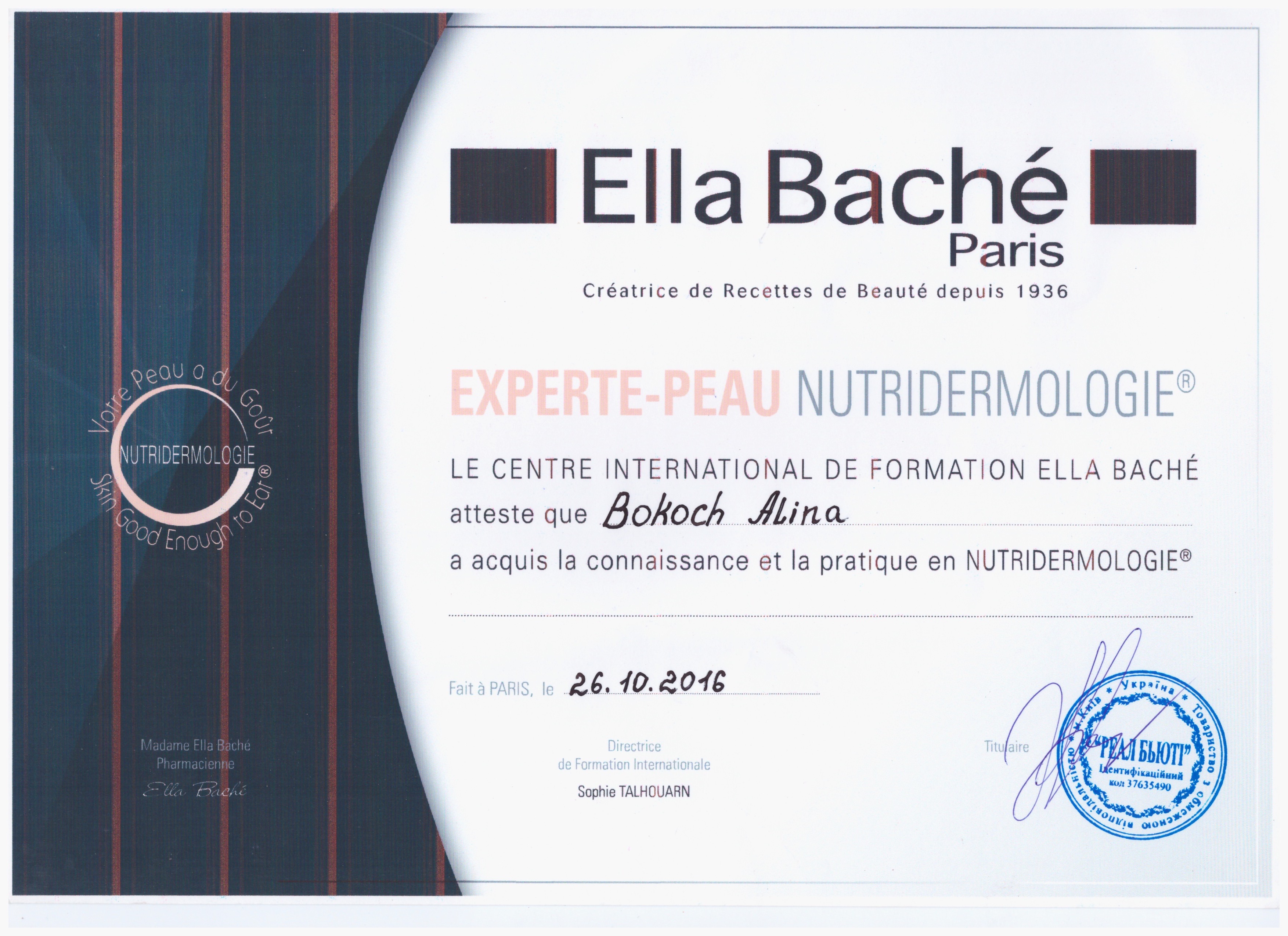 Certifikát MUDr. Alina Bokoch – Estetická klinika Praha
