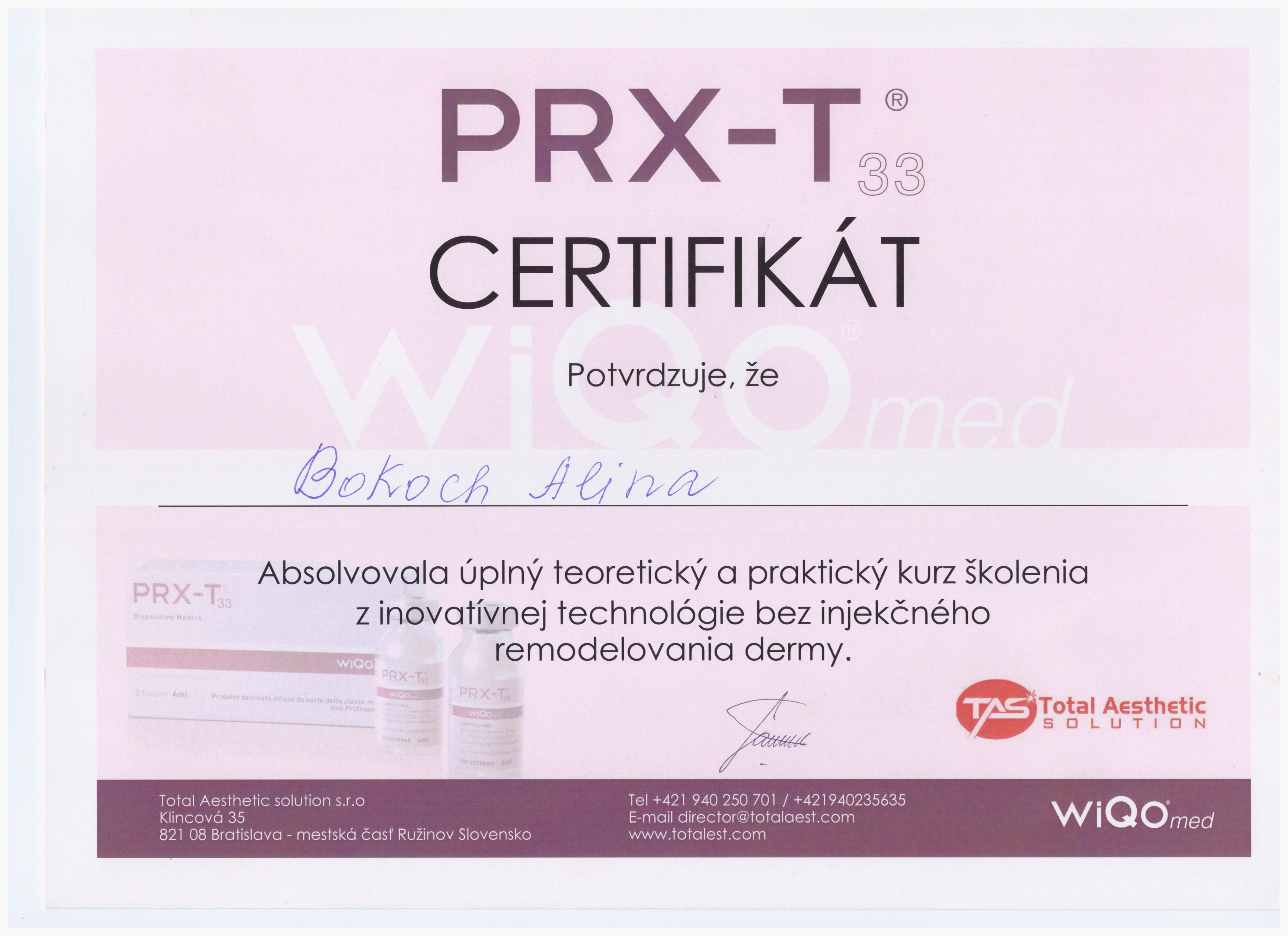 Certifikát MUDr. Alina Bokoch – Estetická klinika Praha
