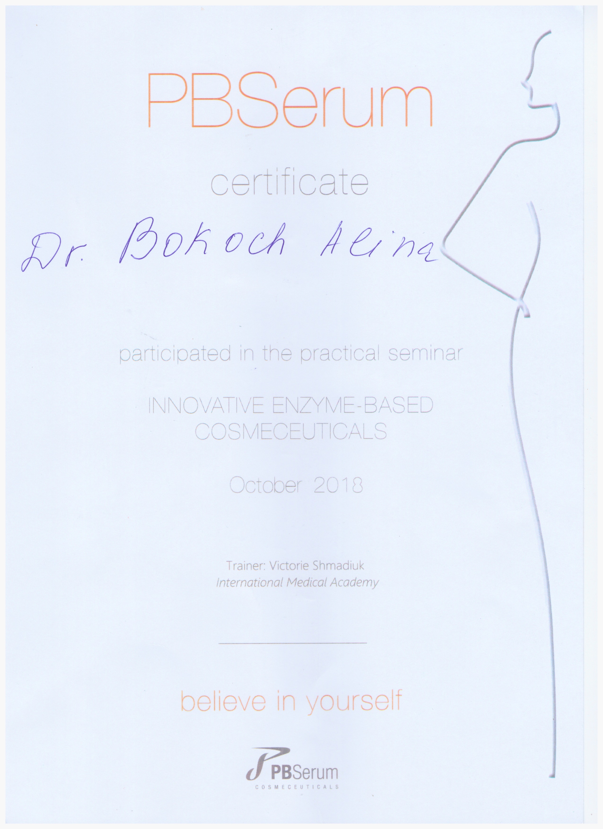Certifikát MUDr. Alina Bokoch – Estetická klinika Praha
