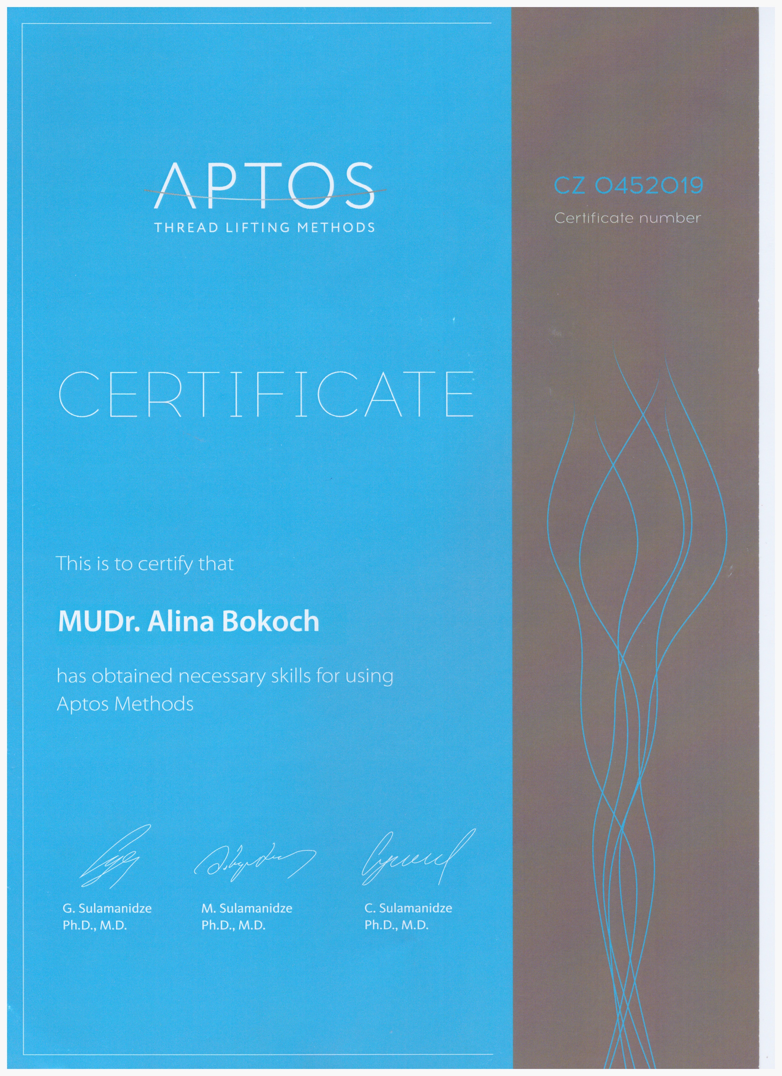 Certifikát MUDr. Alina Bokoch – Estetická klinika Praha