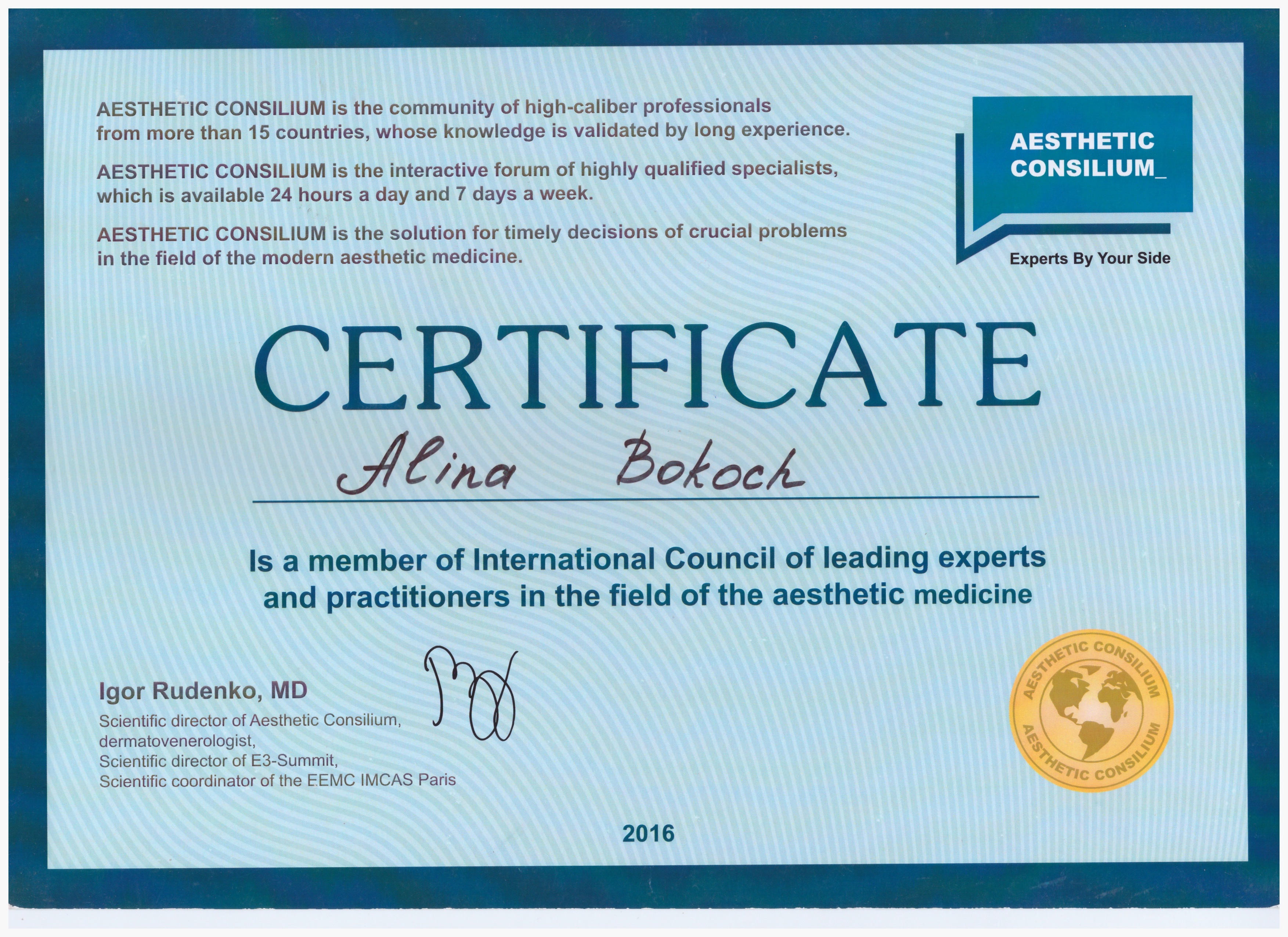 Certifikát MUDr. Alina Bokoch – Estetická klinika Praha